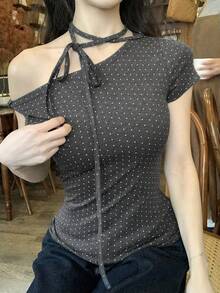 DAZY Women's Casual Off-Shoulder Tie-Neck Fitted Polka Dot Sleeveless T-Shirt - White - View 2