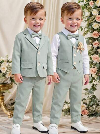 SHEIN 3pcs Baby Boy Casual Suit Set: Green Blazer, Vest, And Pants, Suitable For Birthday Party, Rave, Evening Party, Performance, Wedding, Baby Shower, Christening, 1st Birthday Celebration, Wedding Guest