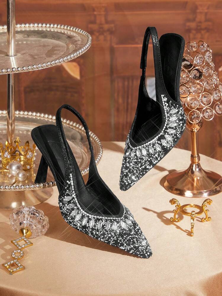 CUCCOO TILAWA Women Shoes Pointed Thin High Heel Black Slingback With Rhinestones Sexy Fashion Gorgeous Banquet Party Nightclub Women High Heel Shoes Valentine's Day