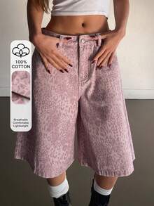 DAZY Quần short denim nữ dáng rộng, ống rộng, in họa tiết da báo, có túi, kiểu dáng thường ngày. - Hồng - Xem 1