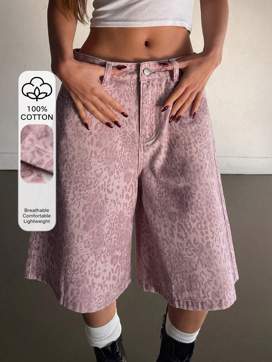 DAZY Quần short denim nữ dáng rộng, ống rộng, in họa tiết da báo, có túi, kiểu dáng thường ngày. - Hồng - Xem 1