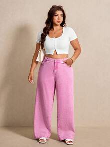 Elaquor Jeans rectos de cintura alta lavados de talla grande - Rosa - Ver 5