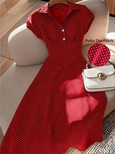 Franclia Plus Size Women's New Short Sleeve Elegant Retro French Style Dress, Polka Dot Shirt Collar Waist Fit A-Line Maxi Dress, Italian Countryside Vacation Dress, Summer New Afternoon Tea Date Dress Red Polka Dot Dress Retro Dress Poka Dot Dress Polka Dot Dresses For Women New Arrival Dress For Women Casual Polka Dots Poka Dot Dresses For Women Poca Dot Dress Pocka Dot Dress