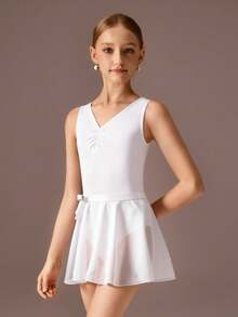 Tween Girls Ballet Leotard & Skirt Set, White Sleeveless High Stretch Leotard With Pleated Bust Design Paired With Soft Chiffon Skirt - White - View 6