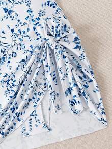 Swim Lushoire 1 件女式植物印花系带侧连体泳衣，适合夏季海滩度假 - 藍白色 - 查看 3