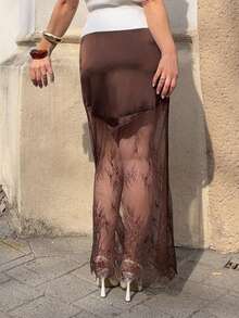 Jeta Ari 女士蕾丝拼接半身裙，咖啡棕色，优雅女士，新年，派对，沙滩裙，缎面蕾丝半身裙，派对，新年，约会蕾丝半身裙，长款棕色半身裙，不对称半身裙，开衩半身裙，透视半身裙 - 咖啡棕 - 查看 2