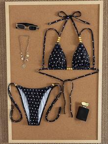 Bonvoyette Bộ bikini gợi cảm mùa hè chấm bi đen trắng, dây buộc cổ, đính hạt vàng, hở lưng, cúp ngực tam giác. - Đen và trắng - Xem 2