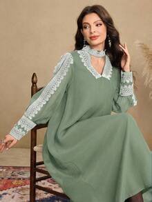SHEIN Najma Đầm nữ thanh lịch với ren hoa và tay áo xẻ tà - Màu xanh Bạc hà - Xem 3
