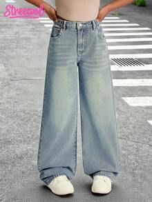 Explorewe Loose Fit Vintage Washed Denim Wide Leg Jeans For Tween GirlsCasual Style, Elastic Waist, Suitable For Vacation, Music Festival, School, Commute, Party And Other Occasions - Blue - View 3