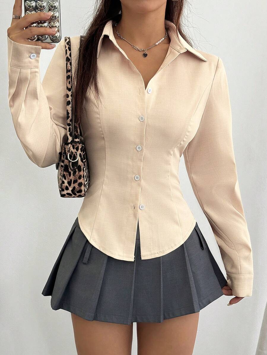 Flirla 女款素色長袖襯衫,杏色,秋季,優雅,辦公室穿著商務休閒女式襯衫,正式服裝優雅日常穿搭 - 淡黃色 - 查看 1