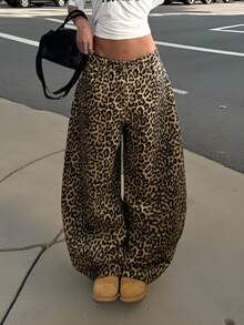 Muchica Casual Women's Multi-Colored Leopard Print Long Denim Wide Leg Jeans With Textured Pattern - Multicolor - View 1