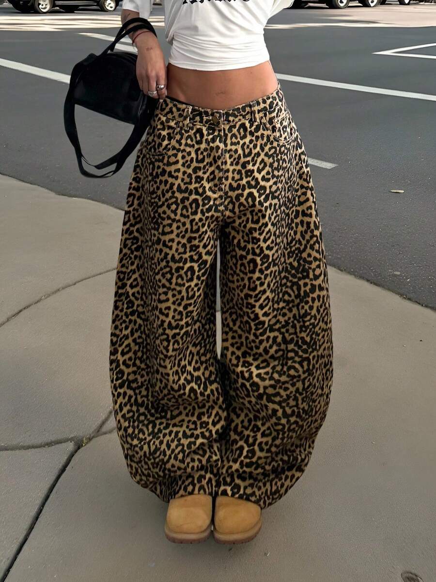 Muchica Casual Women's Multi-Colored Leopard Print Long Denim Wide Leg Jeans With Textured Pattern - Multicolor - View 1