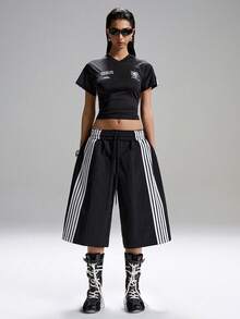 LYSMO 女士弹力腰侧条纹口袋宽松百慕大短裤 - 黑色 - 查看 6