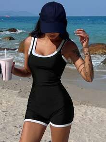 Livesso Áo tắm liền thân có cổ và dây đeo dành cho nữ, kiểu dáng ôm sát, thích hợp mặc đi biển hoặc lặn biển kín đáo. - màu đen - Xem 4