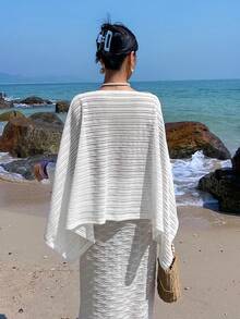 Livesso Pareo de playa elegante para mujer de tela texturizada semitransparente con hombros descubiertos y punto acanalado - Blanco - Ver 5