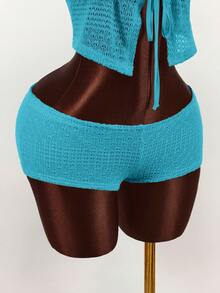 Amplova Bộ 2 món gồm quần short ngắn kẻ sọc cổ chữ V sâu, buộc dây phía trước. - Màu xanh lam - Xem 5