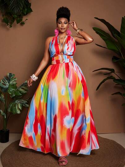 Maweii Plus Size Women's Tie-Dye Print Woven Fabric Dress, Front Cutout, Backless Design, Criss-Cross Straps, Cinched Waist, High Slit, Plus Size Skirt, Versatile Design, New Arrival, Suitable For Vacation, Beach, Music Festival, Casual Outing, Party, Date Night, Valentine's Day, Spring/Summer