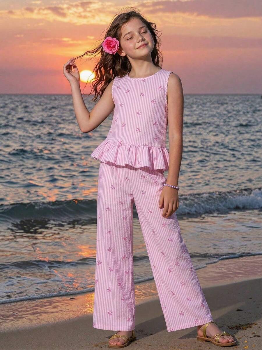 SHEIN Bộ đồ thể thao cho bé gái tuổi teen: áo và quần không tay cổ tròn, kẻ sọc, cài cúc phía sau. - Màu Hồng baby - Xem 1