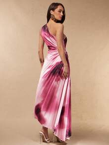 Silquee Women's Satin Printed Pleated Long Dress, Spring/Summer - Red Violet - View 2