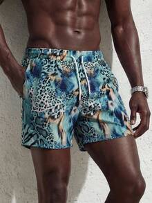 Manfinity Swimmode Men's Casual Leopard Print Drawstring Waist Beach Shorts - Multicolor - View 1