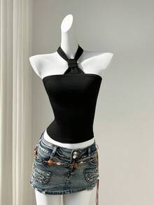 Elamini 女士无袖吊带露背上衣，显瘦，黑色，春夏款 - 黑色 - 查看 3