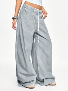 ROMWE 休闲条纹弹力抽绳宽松阔腿牛仔裤 - 藍色 - 查看 1