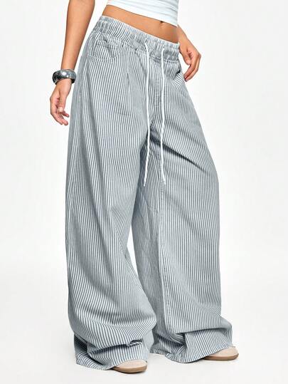 ROMWE Casual Striped Elastic Drawstring Design Loose Wide Leg Jeans