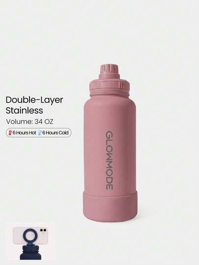 GLOWMODE 34 OZ Botella de agua de acero inoxidable de doble capa con asa de bucle, soporte magnético para teléfono y base antideslizante, para uso diario, oficina y actividades