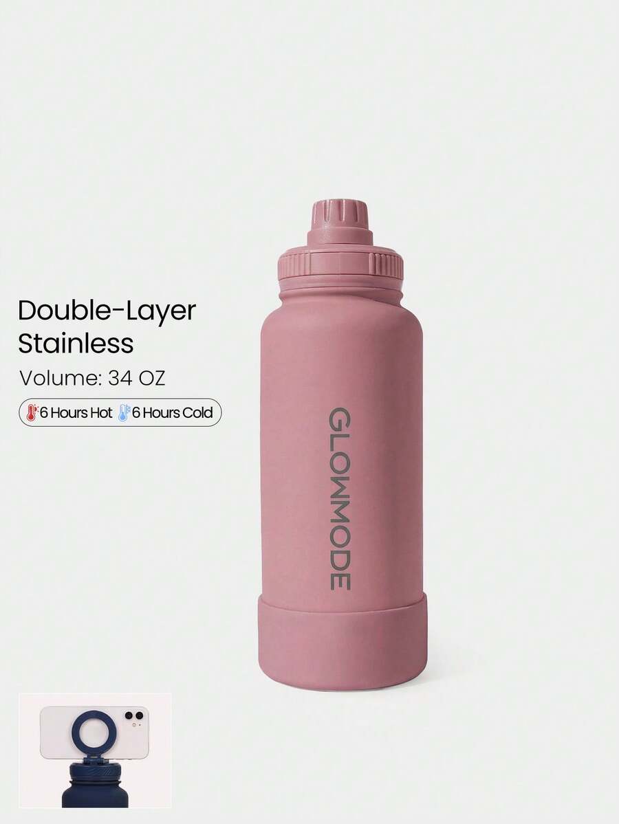 GLOWMODE 34 OZ Sip And Go Double-Layer Stainless Steel Loop Handle Magnetic Phone Holder Non-Slip Base Water Bottle Daily Casual Office Active - Red - View 1