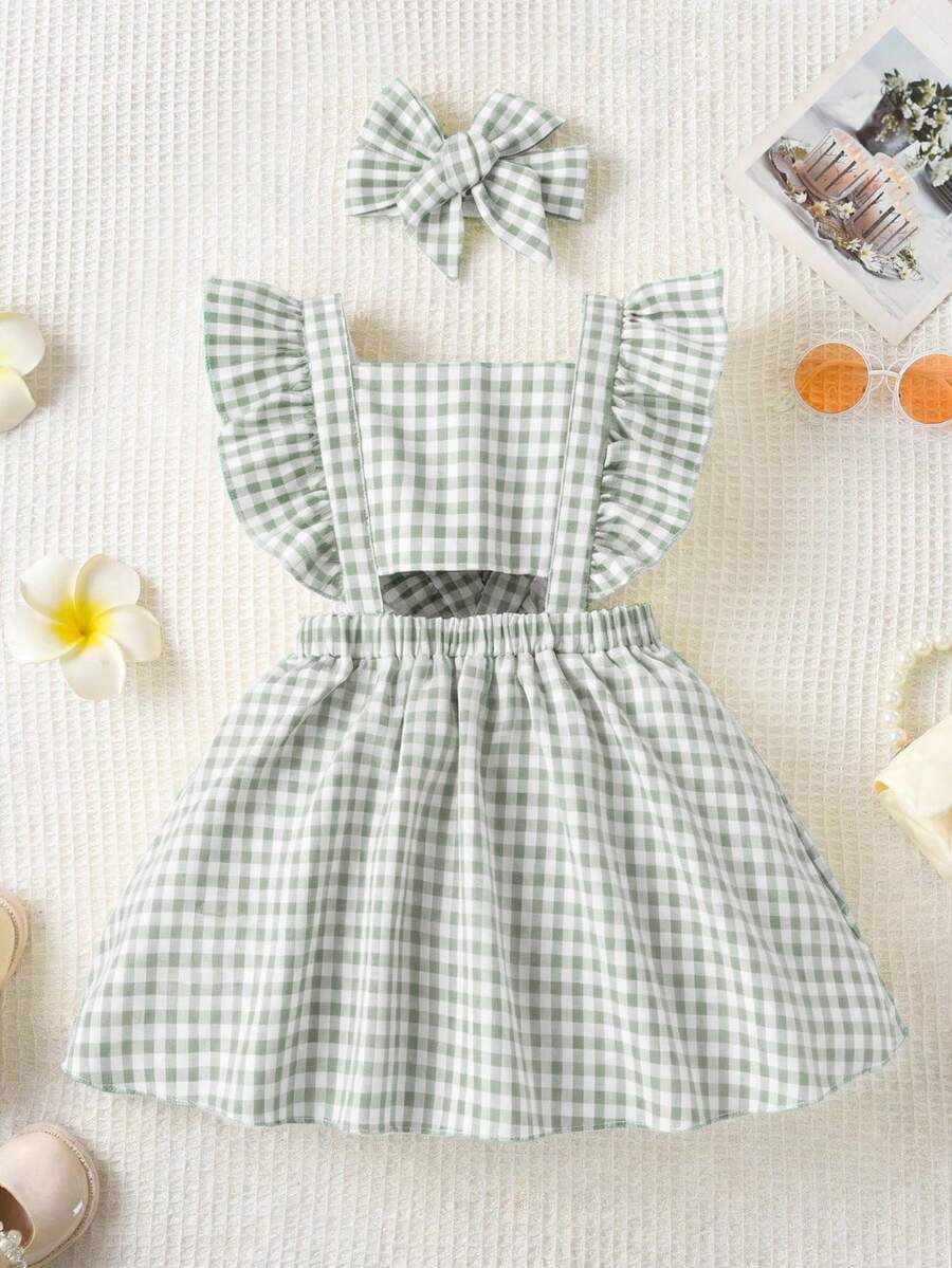 SHEIN Vintaside Kids 女童夏季休闲格子荷叶边连衣裙 - 綠色 - 查看 1