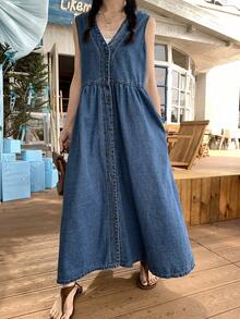 FRIFUL Vestido vaquero casual sin mangas con botones delanteros, para primavera/verano - Azul - Ver 4