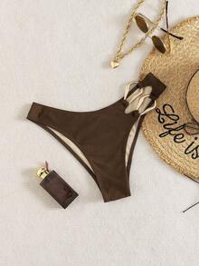 SHEIN Swim Chicsea Women's Solid Color Metal Decor Linked Triangle Bikini Bottom - Brown - View 4