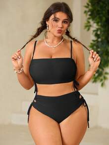 Swim Mod Plus Size Women's Solid Color Lace-Up Two Piece Swimsuit Set - Black - View 5
