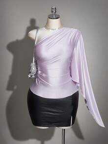 SHEIN ICON Plus Size Asymmetric Neck Ruffle Asymmetrical Flare Sleeve Satin Top, Suitable For Ball, Party, Date, Elegant Top - Mauve Purple - View 1