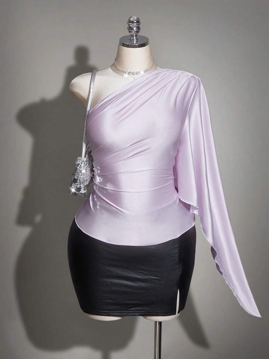 SHEIN ICON Plus Size Asymmetric Neck Ruffle Asymmetrical Flare Sleeve Satin Top, Suitable For Ball, Party, Date, Elegant Top - Mauve Purple - View 1