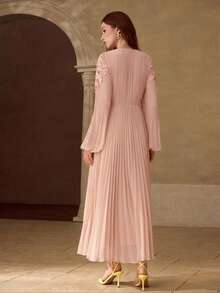 MOTF PREMIUM ROBE LONGUE ÉLÉGANTE ET ROMANTIQUE POUR FEMMES, PATCHWORK EN DENTELLE ET PLISSÉE, PRINTEMPS/ÉTÉ - Vieux Rose - Voir 3