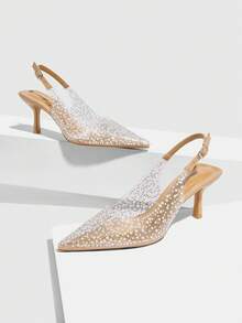 CUCCOO SZL Giày cao gót mũi nhọn đính pha lê thủy tinh trong suốt, quai ngang mắt cá chân, giày cưới dự tiệc tối gót nhọn cho nữ - Màu be - Xem 3