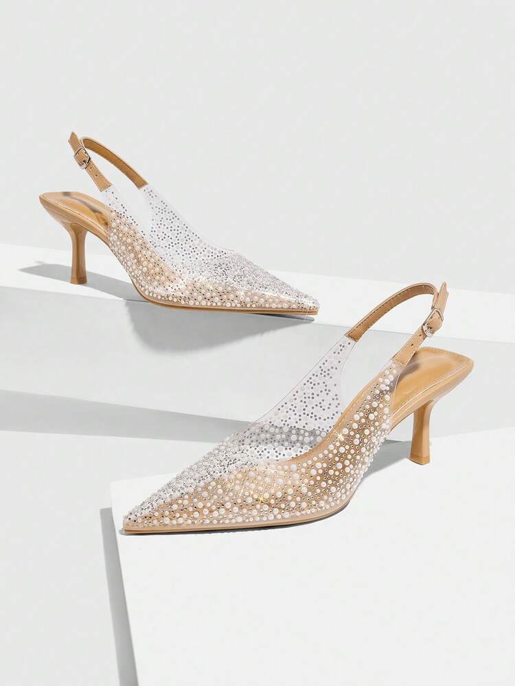 CUCCOO SZL Pointed Toe Transparent Glass Crystal Decor Ankle Strap High Heel Sandals, Stiletto Heel Evening Party Wedding Shoes For Women Spring Shoes Spring Break Easter Prom Heels For Christmas Spring Shoes