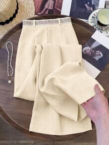 GlowEve Pantalones anchos de moda de verano para mujer con cinturón tejido, pantalones largos sueltos y holgados de lino, apropiados para salidas diarias y vacaciones - Albaricoque - Ver 2