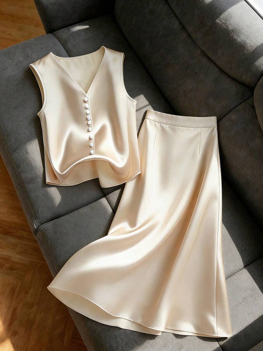 Franclia 2pcs Set:Pearl Decor Elegant Scoop Neck Camisole Top & Satin A-Line Skirt,Summer Outfits For Women,Classy Cream Tea Party Outfit,Formal Vest Skirt Set - Apricot - View 1