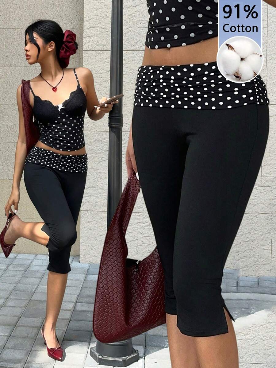 SHEIN 女士波点撞色休闲百搭日常修身百慕大短裤 - 黑色 - 查看 1