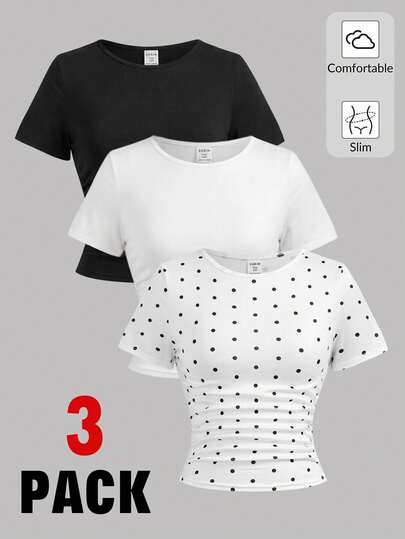 Girlism 3pcs/Set Teen Girls Fitted Casual Solid Color Polka Dot Round Neck Ruched Waist Short Sleeve T-Shirts, Suitable For Daily Wear Tshirts For Women Summer Tops For Wome Fitted Tops Tops For Women For Summer