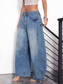 Women's Pocket Flared Casual Loose Fit Jeans - Blue - View 2