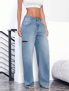 Denimoi 筒状裤腿镂空牛仔裤 时尚街头风筒状牛仔裤 - 淺色水洗藍 - 查看 4