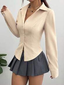 Flirla 女款素色長袖襯衫，杏色，秋季，優雅，辦公室穿著商務休閒女式襯衫，正式服裝優雅日常穿搭 - 淡黃色 - 查看 6