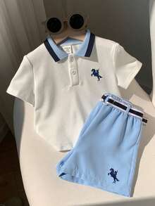 SHEIN Bộ 3 món áo polo dễ thương cho bé trai/bé gái, kiểu dáng thường ngày, kèm thắt lưng, thích hợp cho mùa xuân/hè. - Màu xanh lam - Xem 3