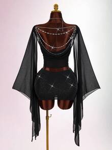 Amplova 两件套女士缎面露背修身甜美连衣裙套装，背部饰有水钻，闪亮水钻点缀裙摆，适合派对、秋冬季穿着。 - 黑色 - 查看 2