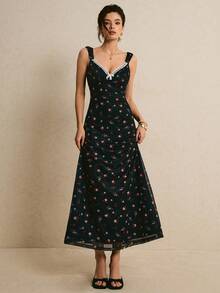 Poéselle Women's Elegant Small Floral Print Dress, Summer - Black - View 4