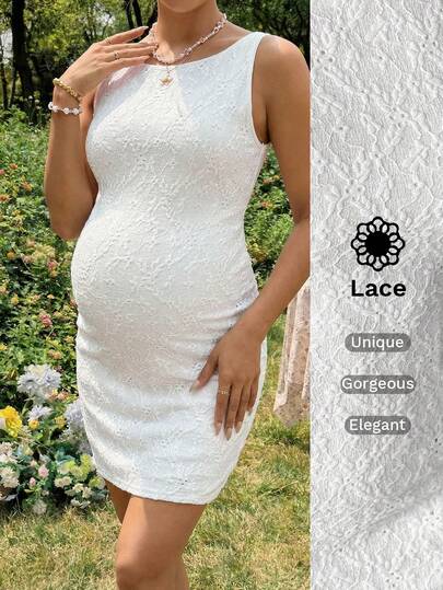 SHEIN Maternity Summer Solid Color Textured Round Neck Bodycon Dress Summer Outfits Vacation Outfits White Dress