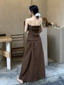 DAZY Women's Fashion Plaid Tube Top & Skirt 2 Pieces Set - Brown - View 2